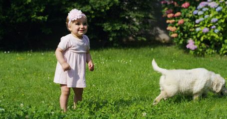 On a sunny spring day a little girl dressed as a ballerina plays with her mom and Golden Retriever puppy in the garden and everyone smiles like a happy family	