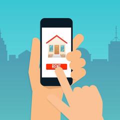 Hand holding mobile smart phone with rent apartments app. Offer of purchase house, rental of Real Estate. Flat design modern vector illustration concept.