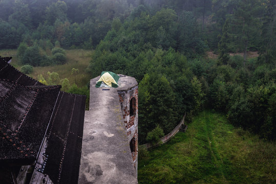 Tent on an unfinished, abandoned castle in Lapalice, Cassubia region of Poland