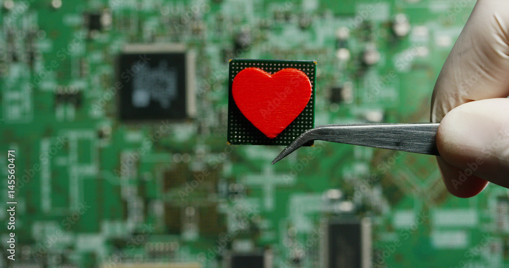Poster love for a chip, futuristic and modern advanced technology system. the circuit is used in the comput
