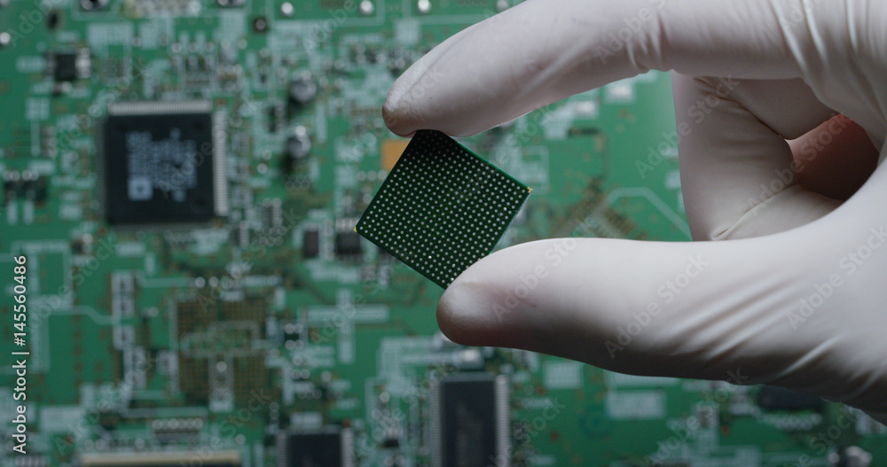 Poster macro shot of a chip, futuristic and modern advanced technology system. the circuit is used in the c