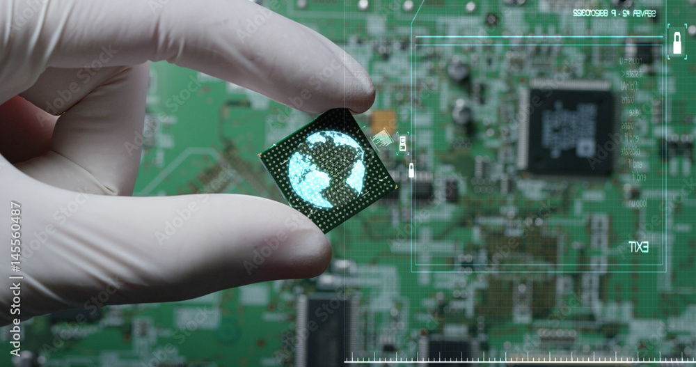 Poster macro shot of a chip, futuristic and modern advanced technology system. the circuit is used in the c