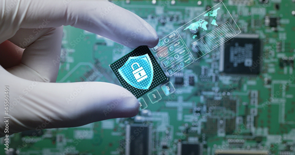 Poster macro shot of a chip, futuristic and modern advanced technology system. the circuit is used in the c