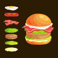 Set of burger grilled beef vegetables dressed with sauce bun snack, hamburger fast food meal menu barbecue meat with detailed individual flying slices menu ingredients vecor illustration background