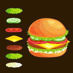 Set of burger grilled beef vegetables dressed with sauce bun snack, hamburger fast food meal menu barbecue meat with detailed individual flying slices menu ingredients vecor illustration background
