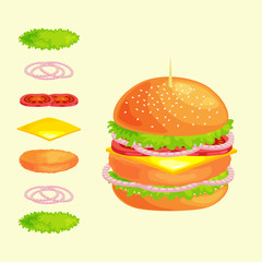 Set of burger grilled beef vegetables dressed with sauce bun snack, hamburger fast food meal menu barbecue meat with detailed individual flying slices menu ingredients vecor illustration background