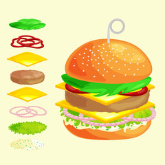 Set of burger grilled beef vegetables dressed with sauce bun snack, hamburger fast food meal menu barbecue meat with detailed individual flying slices menu ingredients vecor illustration background