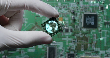 Macro shot of a chip, futuristic and modern advanced technology system. The circuit is used in the computer processor and the hi-tech communication and business security and information and assistance