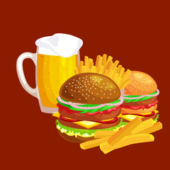 Set of tasty burgers grilled beef and fresh vegetables dressed with sauce bun for snack, american hamburger fast food meal French fries with cold bear brown ice drink vecor illustration background