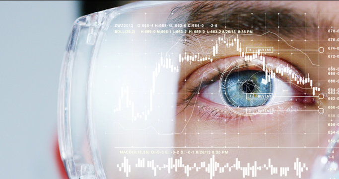 biometric of a scientist with futuristic graphics and holography with which scans and reads the DNA. Concept: immersive technology, augmented reality, science and research.
