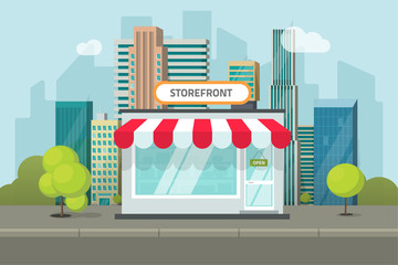 Shop or store building on city street vector illustration, cafe or restaurant storefront on town street landscape, flat cartoon style shop facade front view
