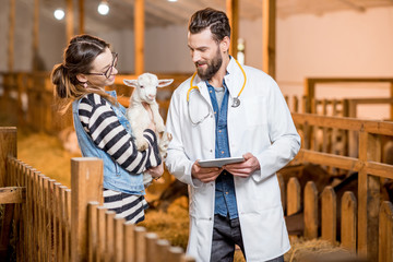 Handsome veterinarian in medical gown and young woman taking care about the baby goat standing...