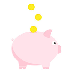 Pink piggy bank with three coins. Symbol of deposit and investment.