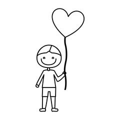 monochrome contour of caricature of smiling kid with t-shirt and short pants with balloon in shape of heart vector illustration
