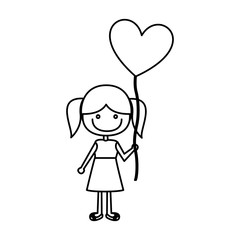 monochrome contour of caricature of smiling girl in dress with balloon in shape of heart vector illustration