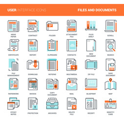 Files and documents flat line icons
