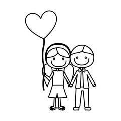 monochrome contour of caricature of boy short hair and girl with pigtails hair with balloon in shape of heart vector illustration