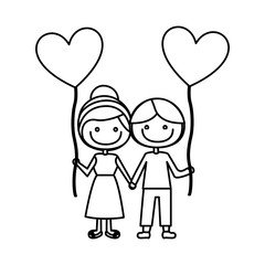 monochrome contour of caricature of boy and girl with balloon in shape of heart vector illustration
