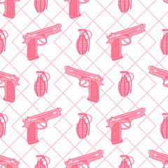 Interesting seamless pattern with pink gun and pomegranate. Abstract background. 