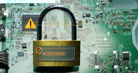 Macro shot of a chip, futuristic and modern advanced technology system. The circuit is used in the computer processor and the hi-tech communication and business security and information and assistance