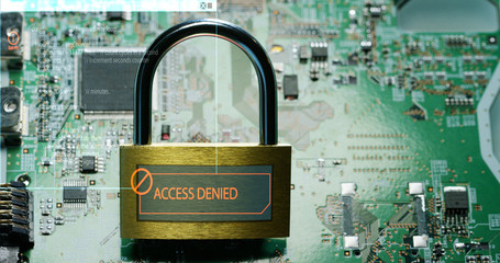 Macro shot of a chip, futuristic and modern advanced technology system. The circuit is used in the computer processor and the hi-tech communication and business security and information and assistance