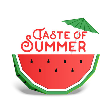 Paper art style colorful watermelon vector illustration and "Taste of summer" inspirational lettering.