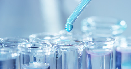 In a laboratory, a scientist with a pipette analyzes a colored liquid to extract the DNA and molecules in the test tubes. Concept: research, biochemistry, nature, pharmaceutical medicine	