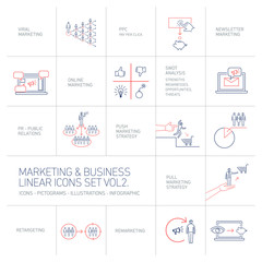 vector marketing and business icons set volume two | flat design linear illustration and infographic blue and red isolated on white background