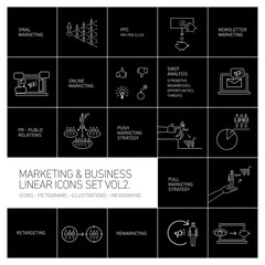 vector marketing and business icons set volume two | flat design linear illustration and infographic white isolated on black background