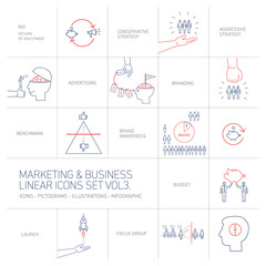 Naklejka na ściany i meble vector marketing and business icons set volme three | flat design linear illustration and infographic blue and red isolated on white background