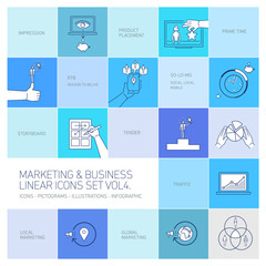 vector marketing and business icons set volume four| flat design linear illustration and infographic isolated on colorful blue background