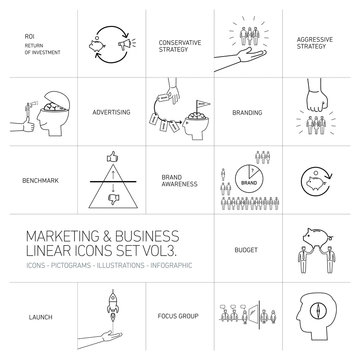 vector marketing and business icons set volme three | flat design linear illustration and infographic black isolated on white background