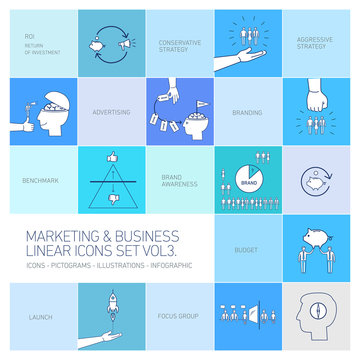 vector marketing and business icons set volme three | flat design linear illustration and infographic isolated on colorful blue background