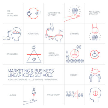 vector marketing and business icons set volme three | flat design linear illustration and infographic blue and red isolated on white background