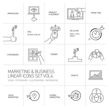 vector marketing and business icons set volume four | flat design linear illustration and infographic black isolated on white background