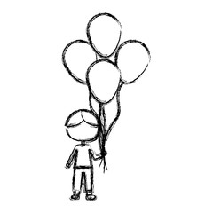 monochrome sketch of caricature faceless kid with t-shirt and pants with many balloons vector illustration