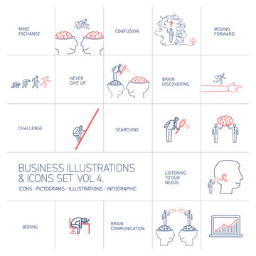 vector concept business icons set volume four | flat design linear illustration and infographic blue and red isolated on white background