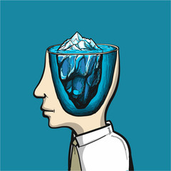 Glacier of conscious and subconscious in head - conceptual vector illustration of ice rock in brain - 145565813