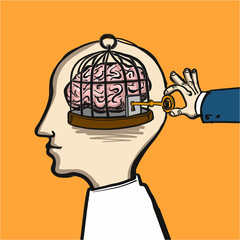 opening mind - conceptual vector illustration of cage in head with brain inside and hand opening it with key