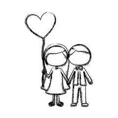 monochrome sketch of caricature faceless couple and him in formal suit and her in dress with balloon in shape of heart vector illustration