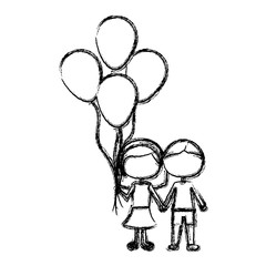 monochrome sketch of caricature faceless couple in suit informal with many balloons vector illustration