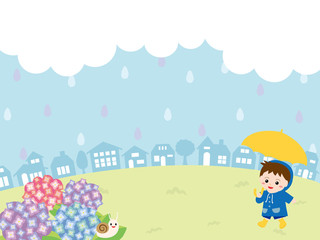 梅雨の日の街並みとこども