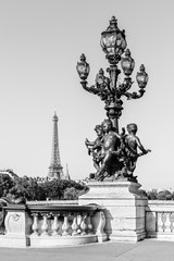 Fototapeta na wymiar Pont Alexandre III Bridge (Lamp post details) & Eiffel Tower. Paris, France