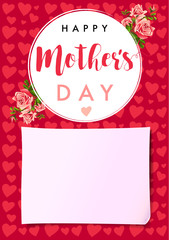 Happy Mothers day rose love card. Greeting card template vector Illustration with lettering Happy Mother`s Day on roses, pink hearts and paper background