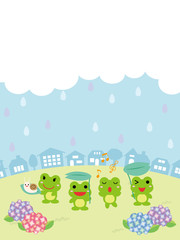 梅雨の日の街並みとカエル