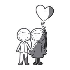 grayscale silhouette of caricature couple of him in formal suit and her in dress with balloon in shape of heart vector illustration