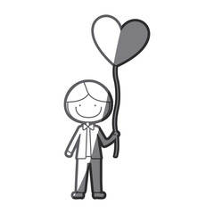 grayscale silhouette of caricature of smiling kid with bow tie and balloon in shape of heart vector illustration