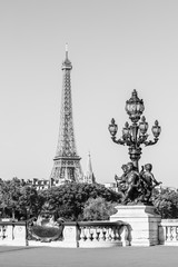 Fototapeta na wymiar Pont Alexandre III Bridge (Lamp post details) & Eiffel Tower. Paris, France
