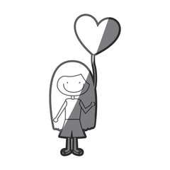 grayscale silhouette of caricature of smiling girl with t-shirt and short pants and balloon in shape of heart vector illustration