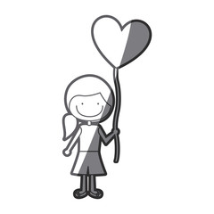 grayscale silhouette of caricature of smiling girl with short pants and ponytail hair and balloon in shape of heart vector illustration